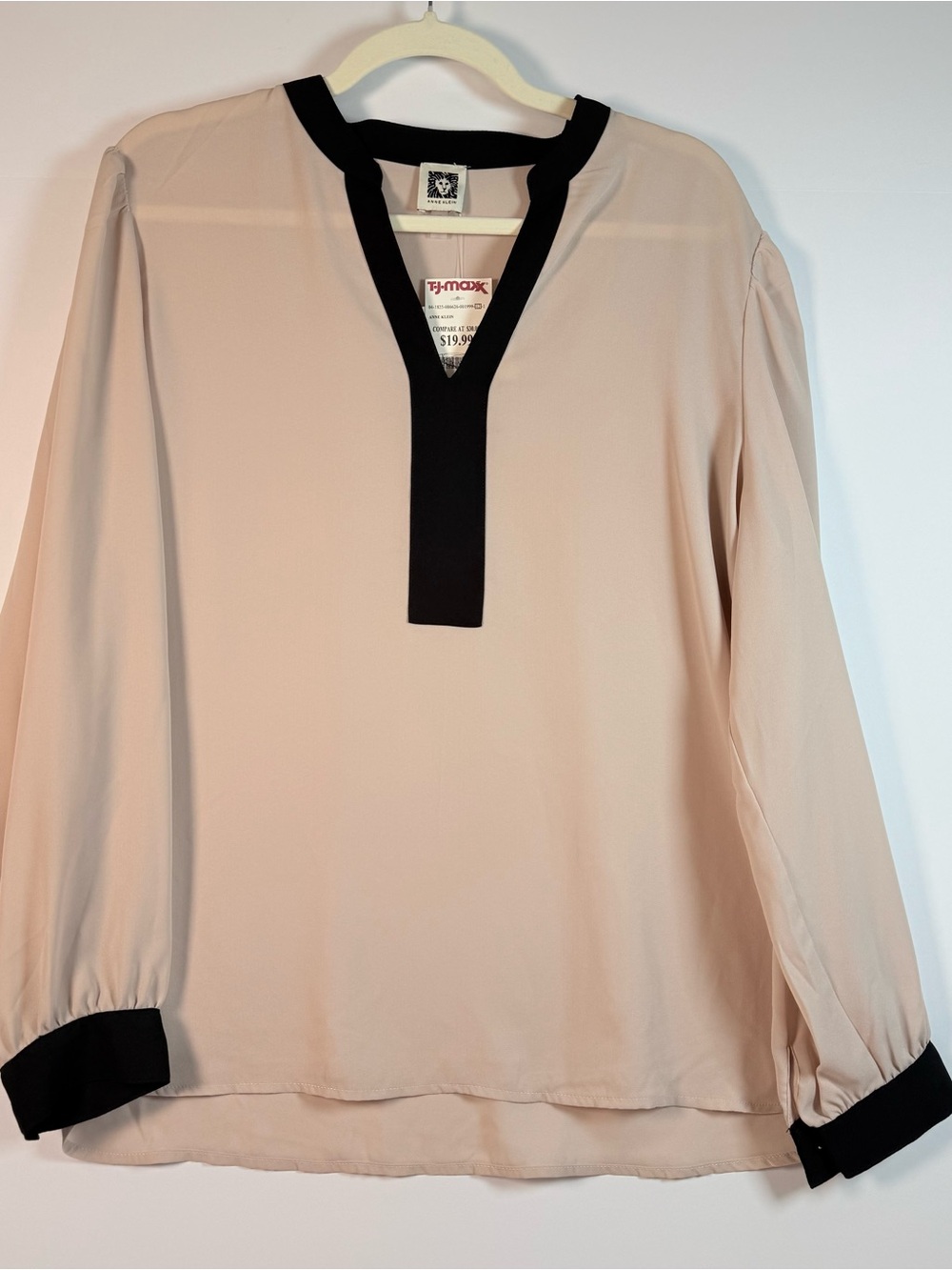 NWT Anne Klein Blush Pink Black Trim Long Sleeve Blouse Size XL